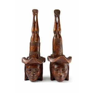 Vintage Hand Carved Wood Headstand Figures Planters Tribal Folk Art 12” Pair